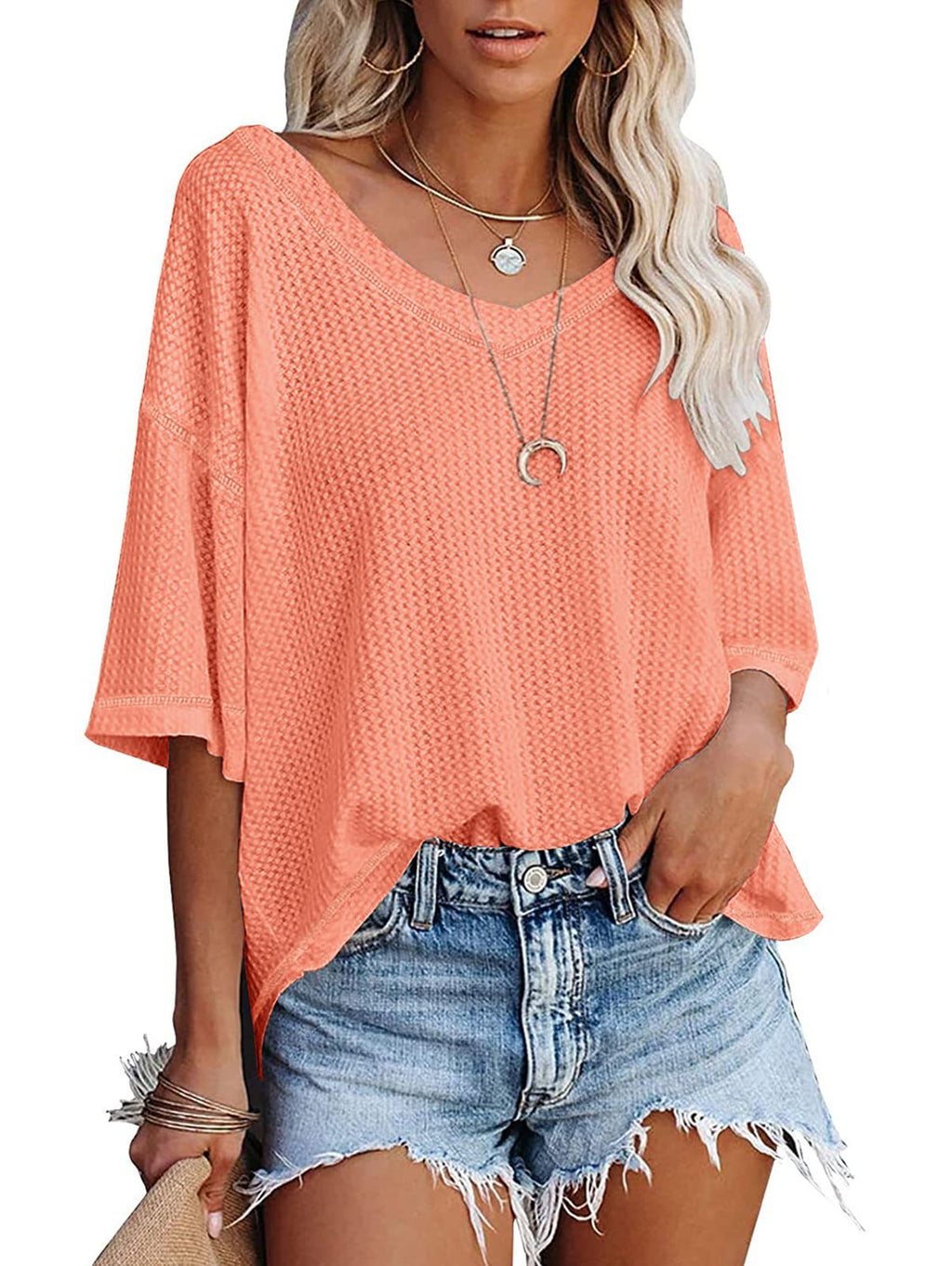 Slouchy Waffle Knit V Neck Short Sleeve Tee - Orange