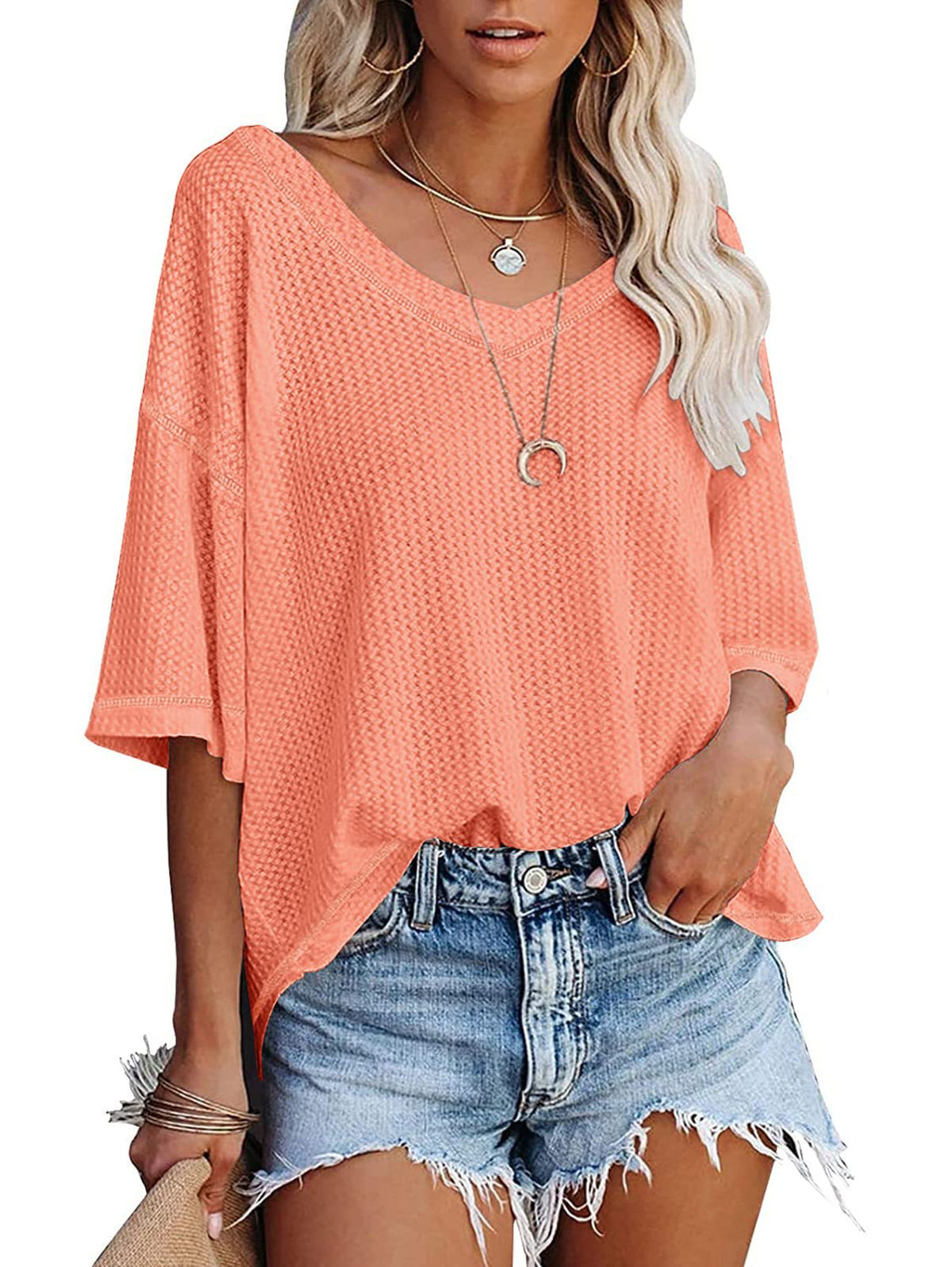 Slouchy Waffle Knit V Neck Short Sleeve Tee - Orange