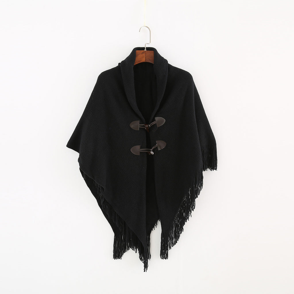 Toggle Front Fringed Poncho Cardigan - Black