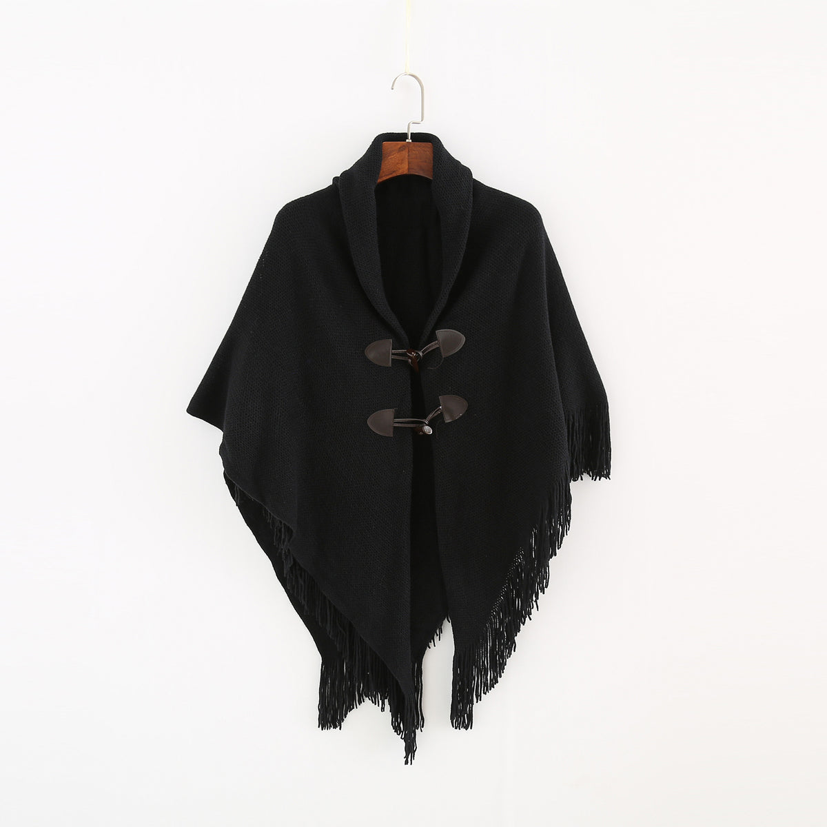 Toggle Front Fringed Poncho Cardigan - Black