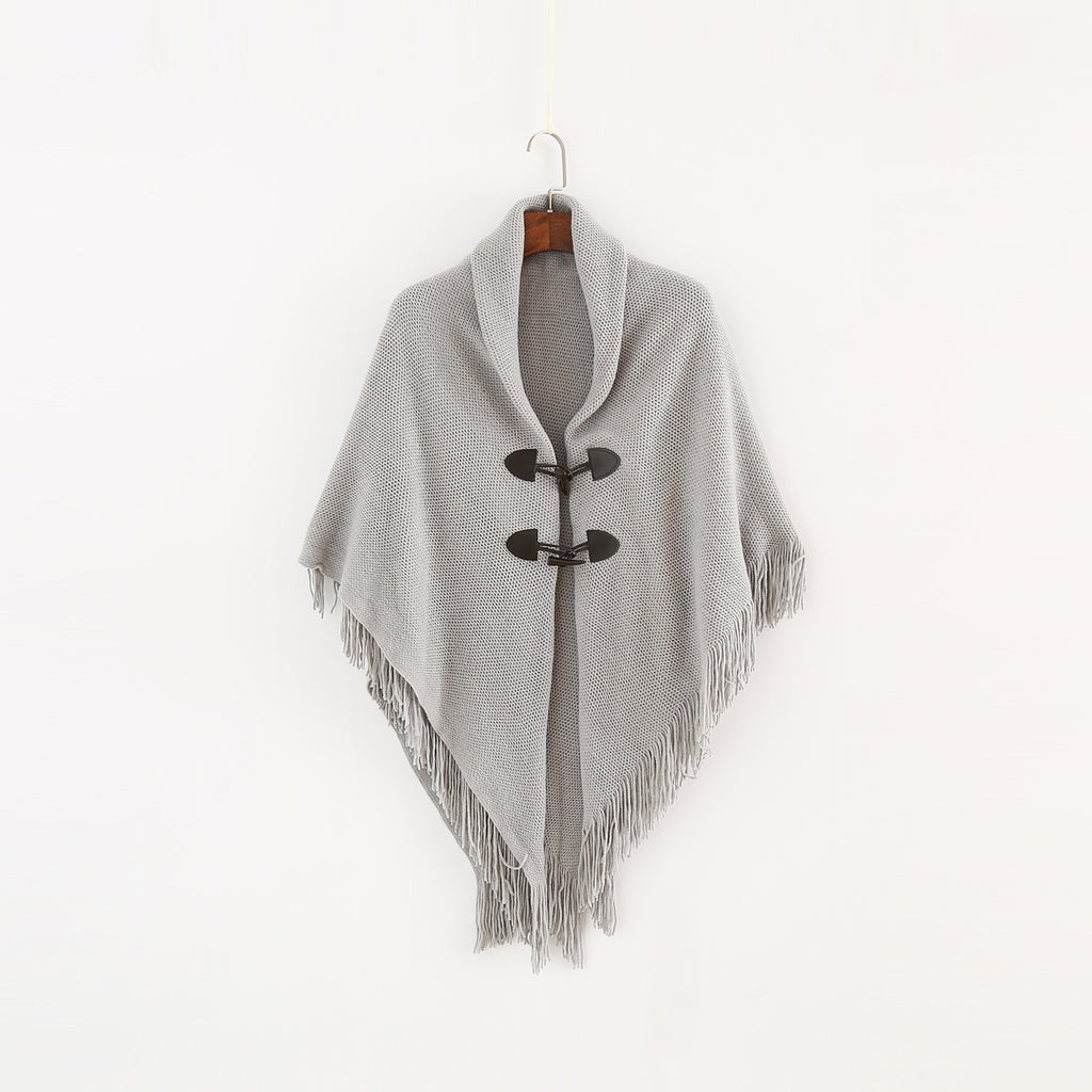 Toggle Front Fringed Poncho Cardigan - Grey