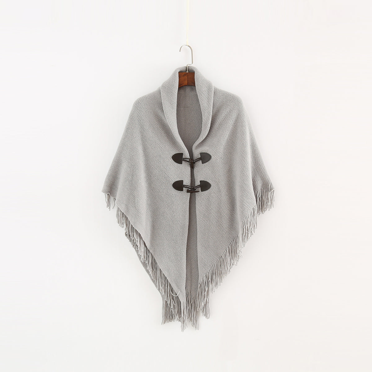 Toggle Front Fringed Poncho Cardigan - Grey