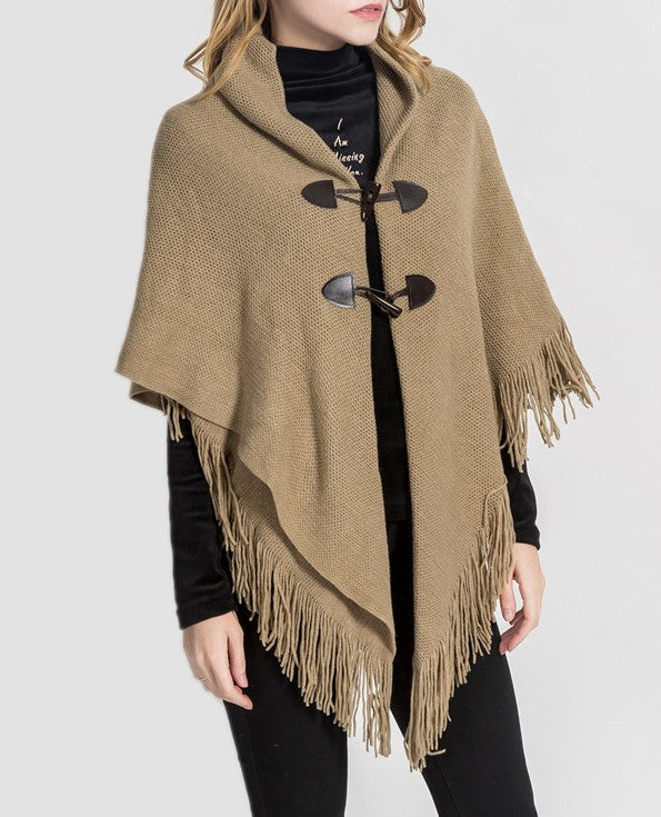 Toggle Front Fringed Poncho Cardigan - Khaki