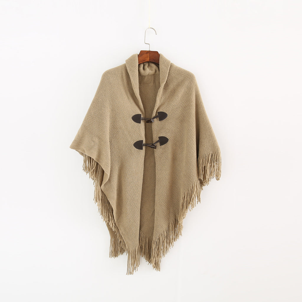 Toggle Front Fringed Poncho Cardigan - Khaki - 1