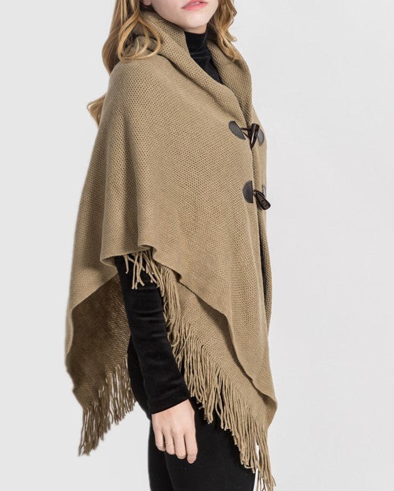 Toggle Front Fringed Poncho Cardigan - Khaki - 2
