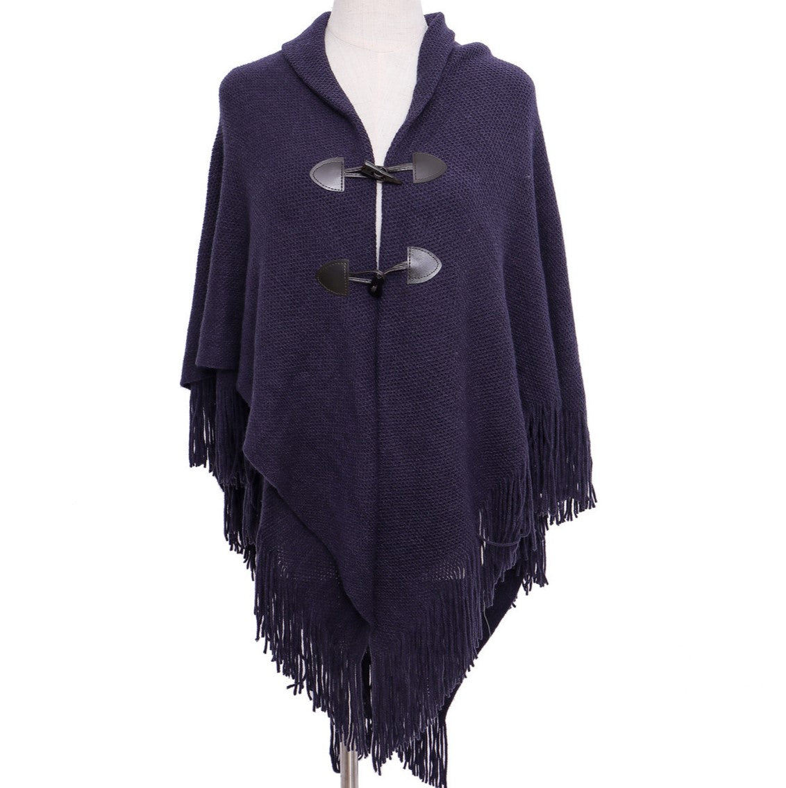 Toggle Front Fringed Poncho Cardigan - Navy Blue