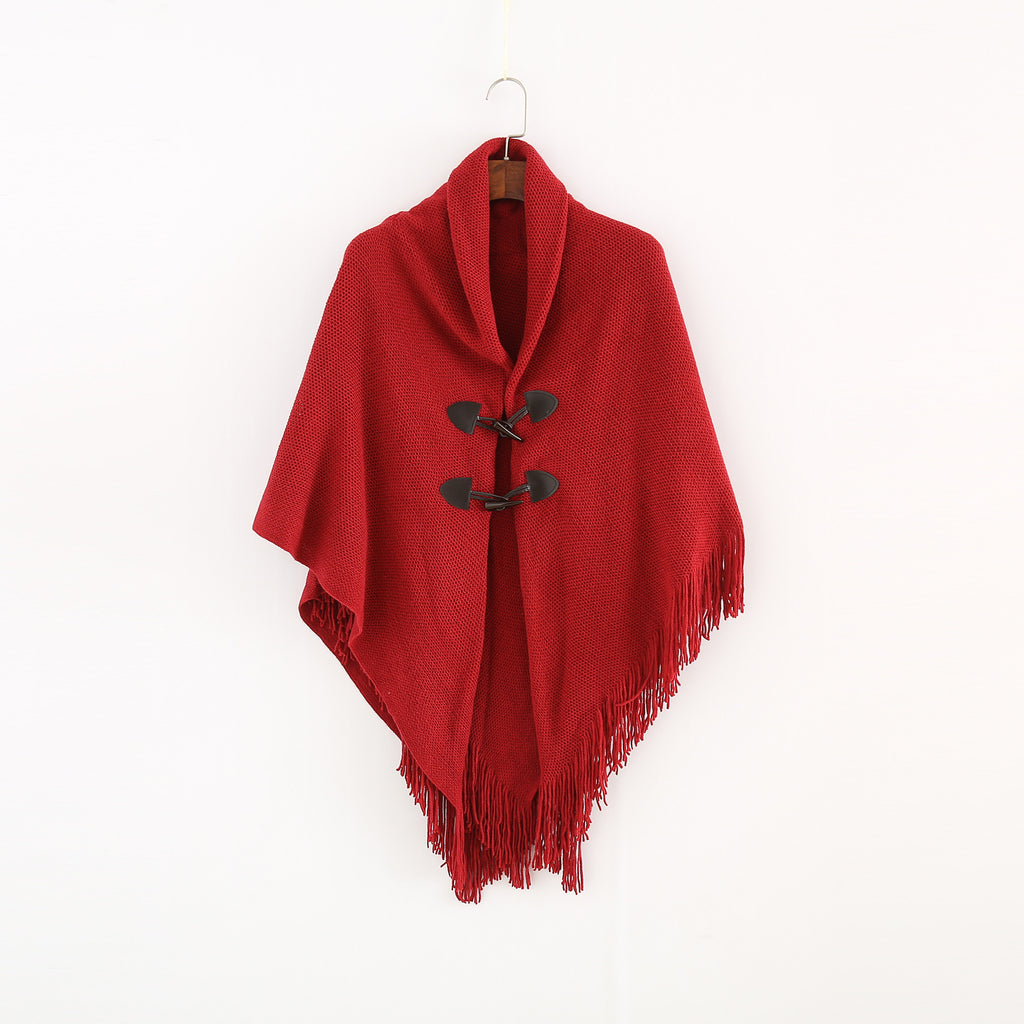 Toggle Front Fringed Poncho Cardigan - Red