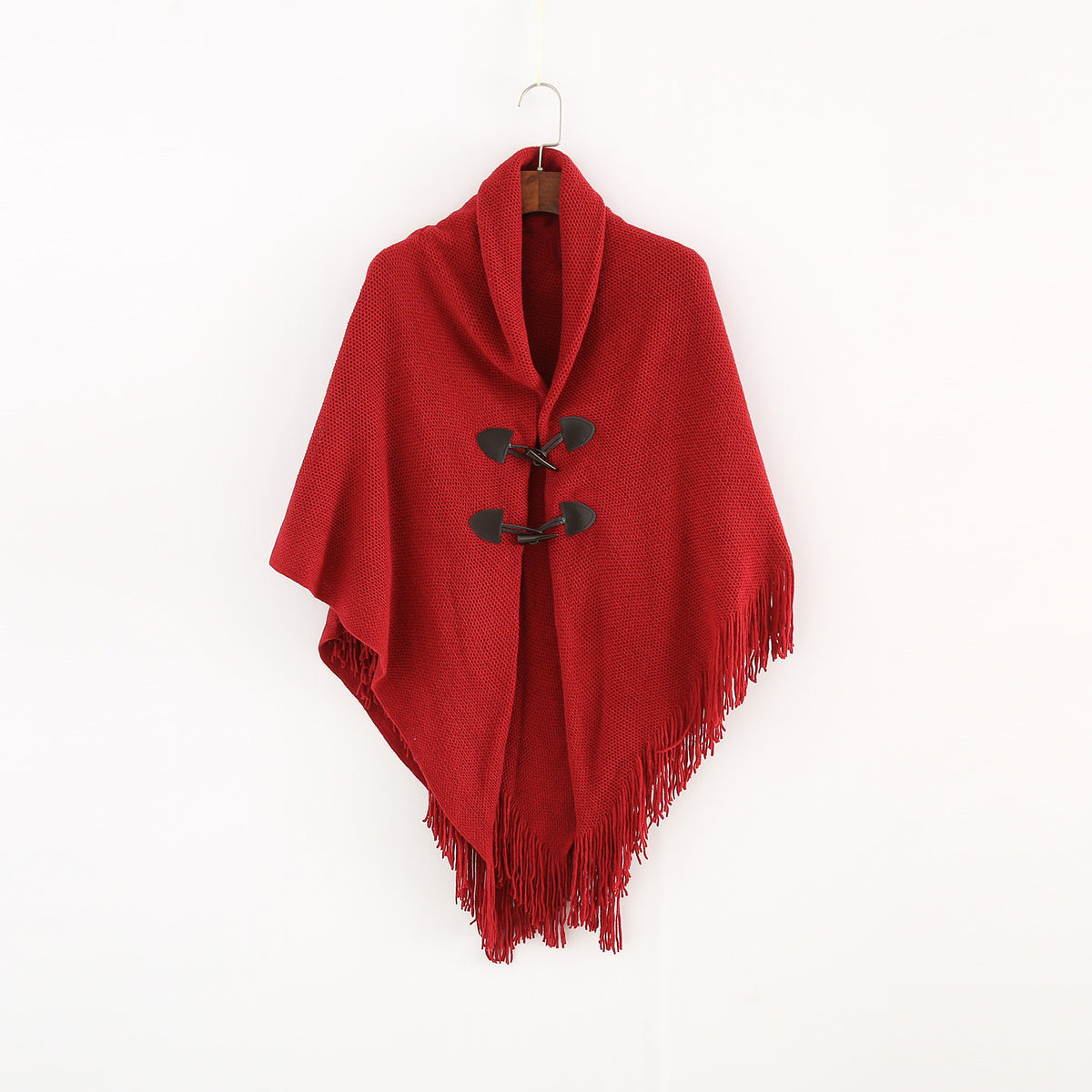 Toggle Front Fringed Poncho Cardigan - Red