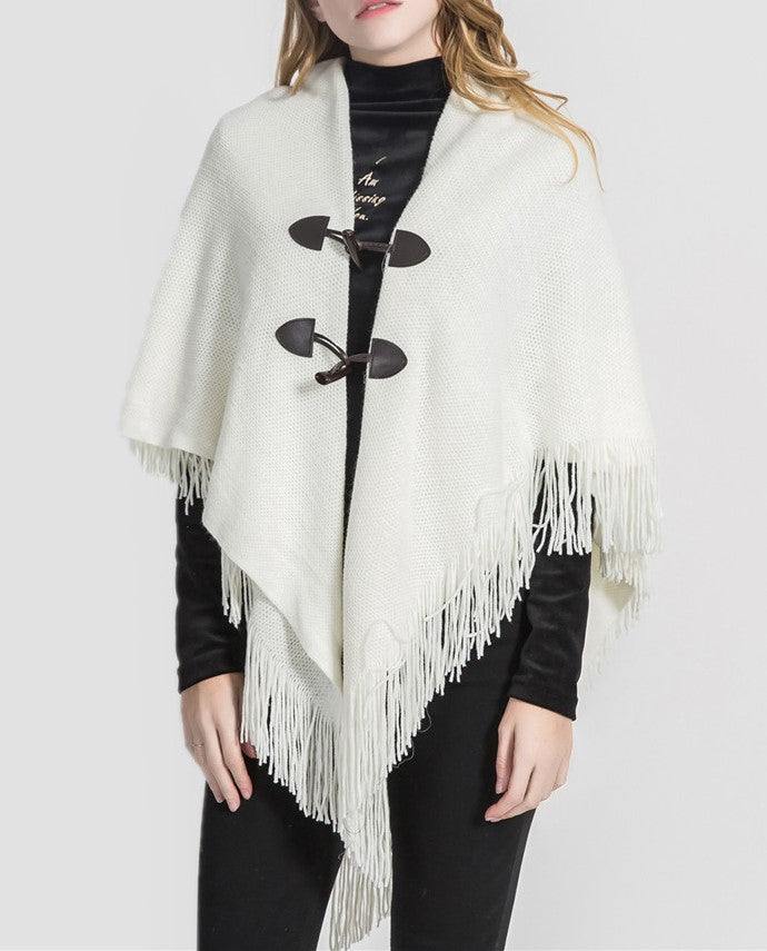 Toggle Front Fringed Poncho Cardigan - White