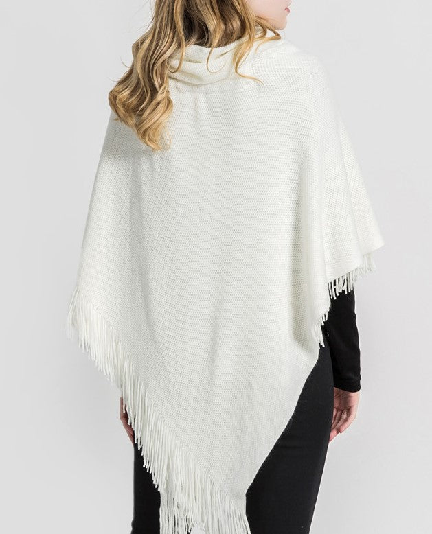 Toggle Front Fringed Poncho Cardigan - White - 1