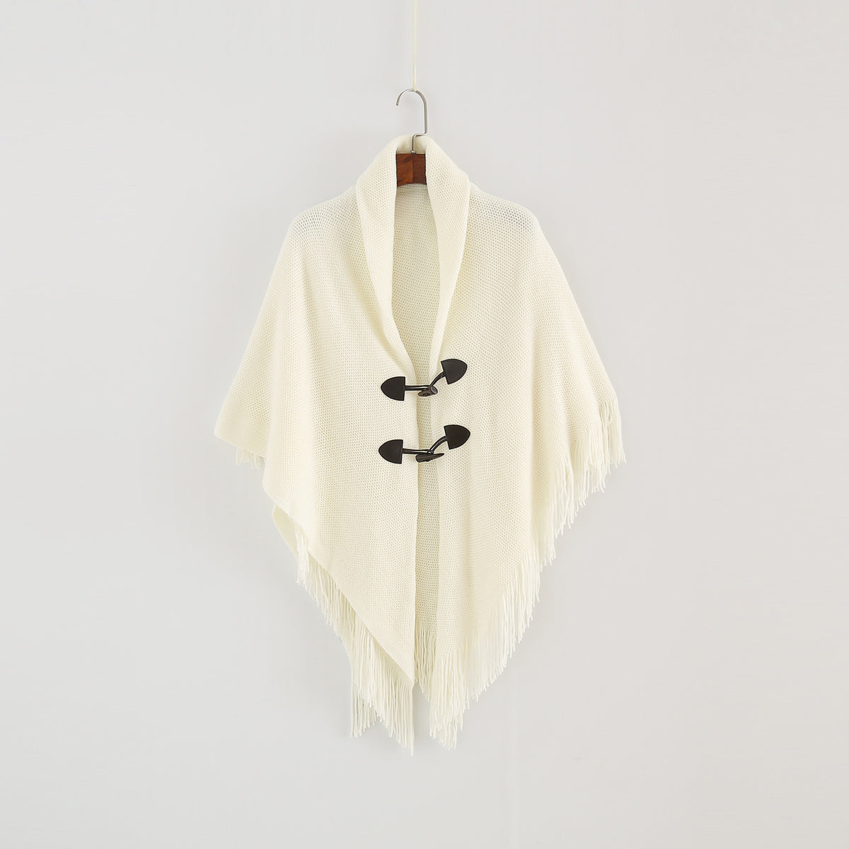 Toggle Front Fringed Poncho Cardigan - White - 2