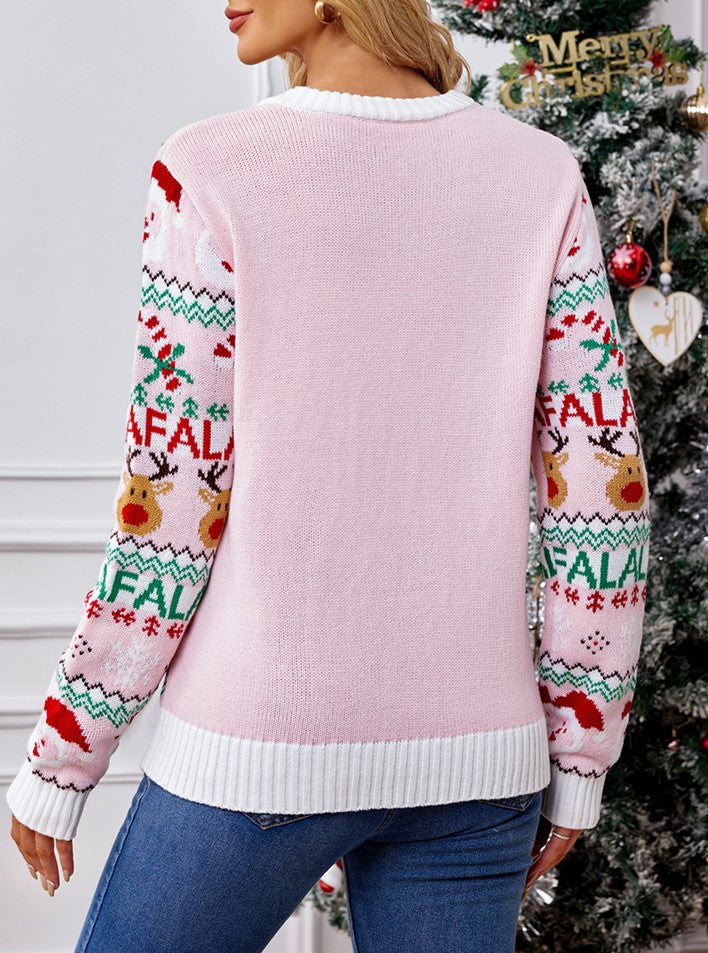Pastel Santa Reindeer Fair Isle Sweater - Pink - 1