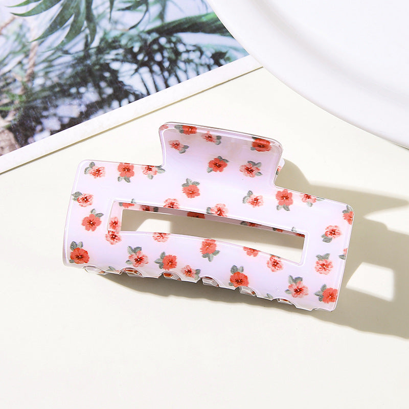Ditsy Floral Cherry Rectangle Hair Claw Clip - White
