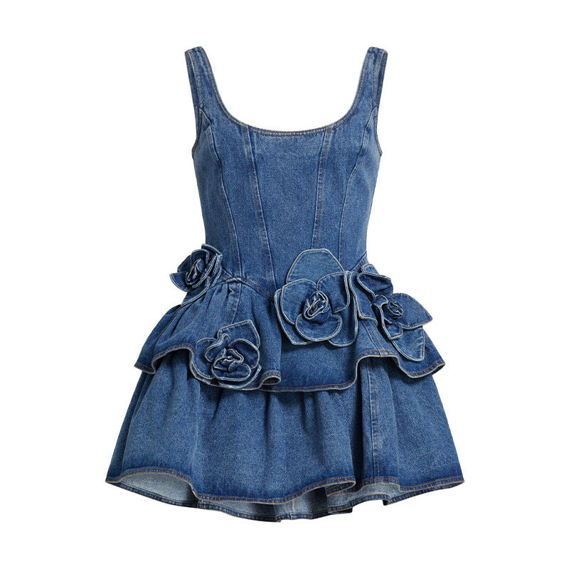 Denim Rosette Tiered Ruffle Mini Dress - Blue