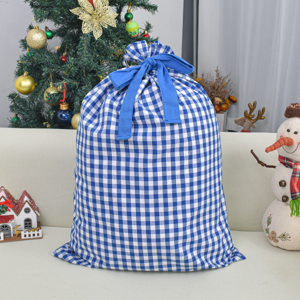 Gingham Check Drawstring Bag for Holiday Gifts - Blue