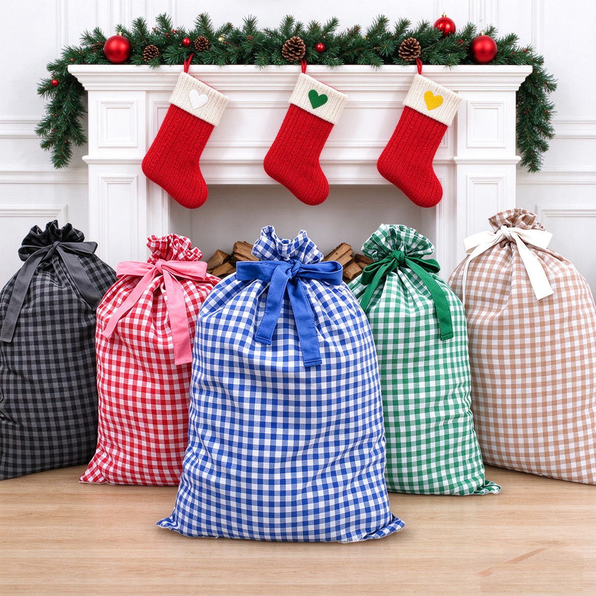 Gingham Check Drawstring Bag for Holiday Gifts - Blue - 3