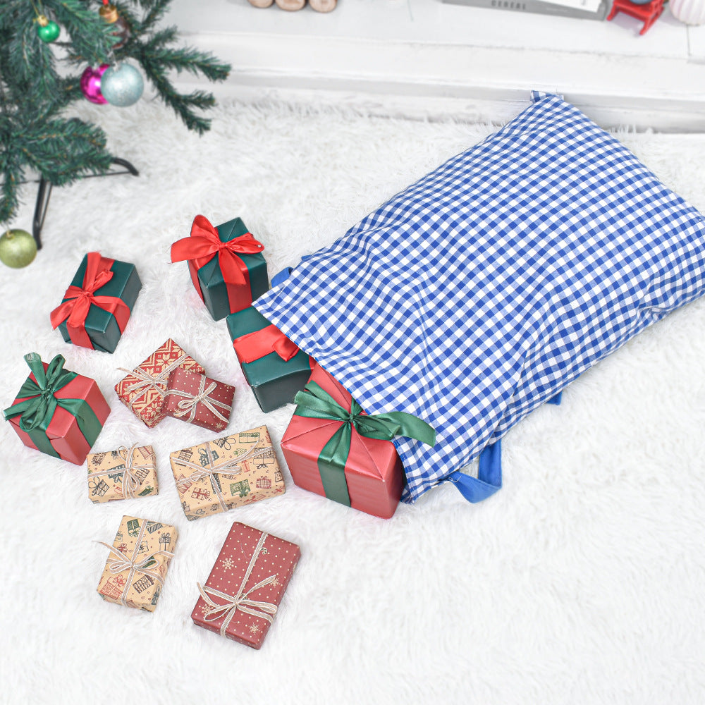 Gingham Check Drawstring Bag for Holiday Gifts - Blue - 4