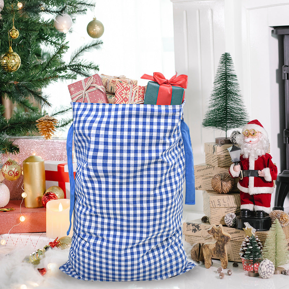 Gingham Check Drawstring Bag for Holiday Gifts - Blue - 5