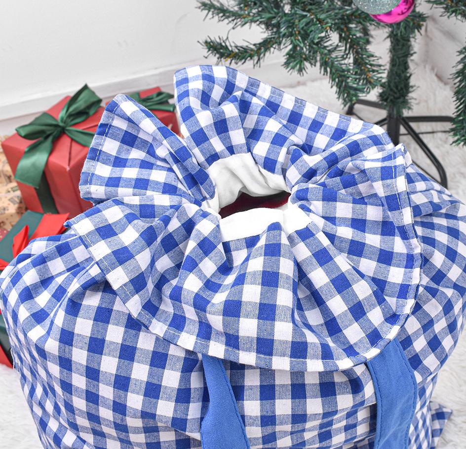 Gingham Check Drawstring Bag for Holiday Gifts - Blue - 6