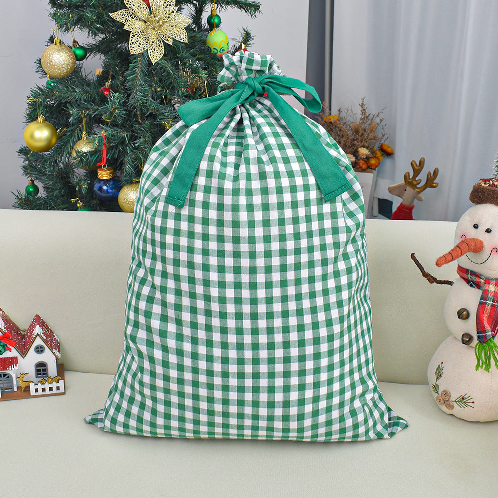 Gingham Check Drawstring Bag for Holiday Gifts - Green