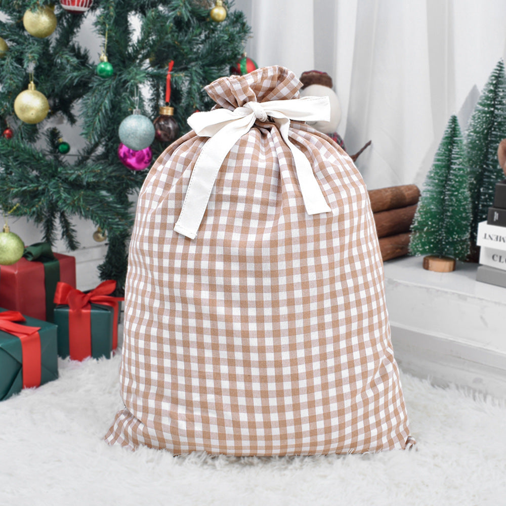 Gingham Check Drawstring Bag for Holiday Gifts - Khaki