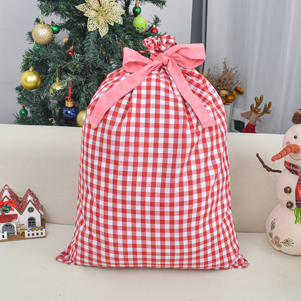 Gingham Check Drawstring Bag for Holiday Gifts - Red