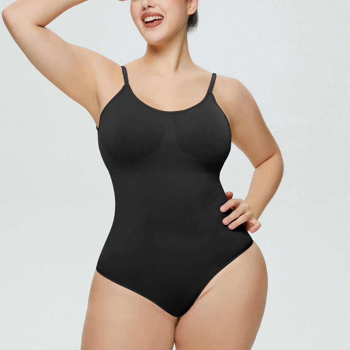 Seamless Sculpting Scoop Neck Thong Bodysuit - Black Cami