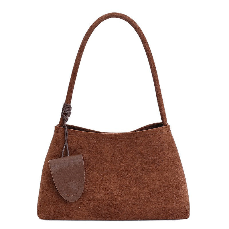 Faux Suede Shoulder Bag with Zip Pouch - Brown Suede
