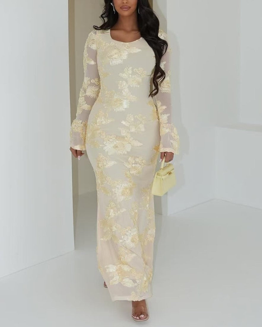 Floral Burnout Flared Sleeve Maxi Dress - Beige