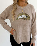 Leopard Lip Graphic Crew Neck Sweater - Apricot