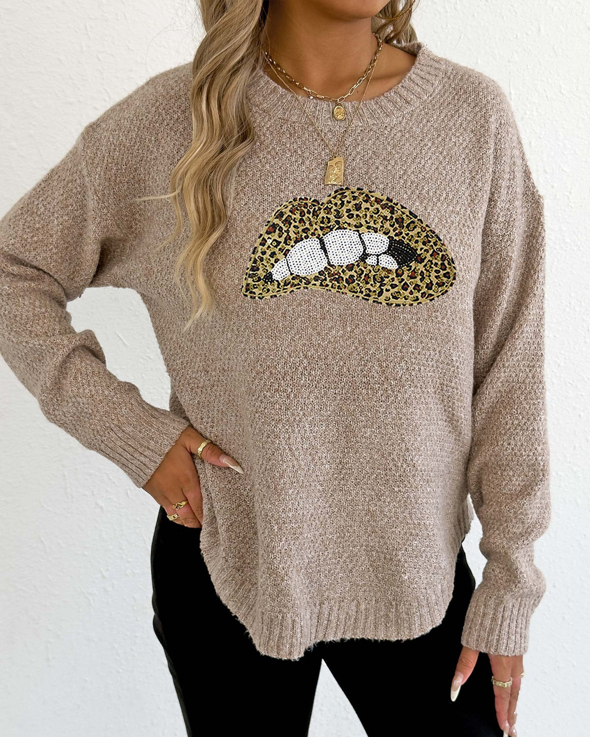 Leopard Lip Graphic Crew Neck Sweater - Apricot - 1