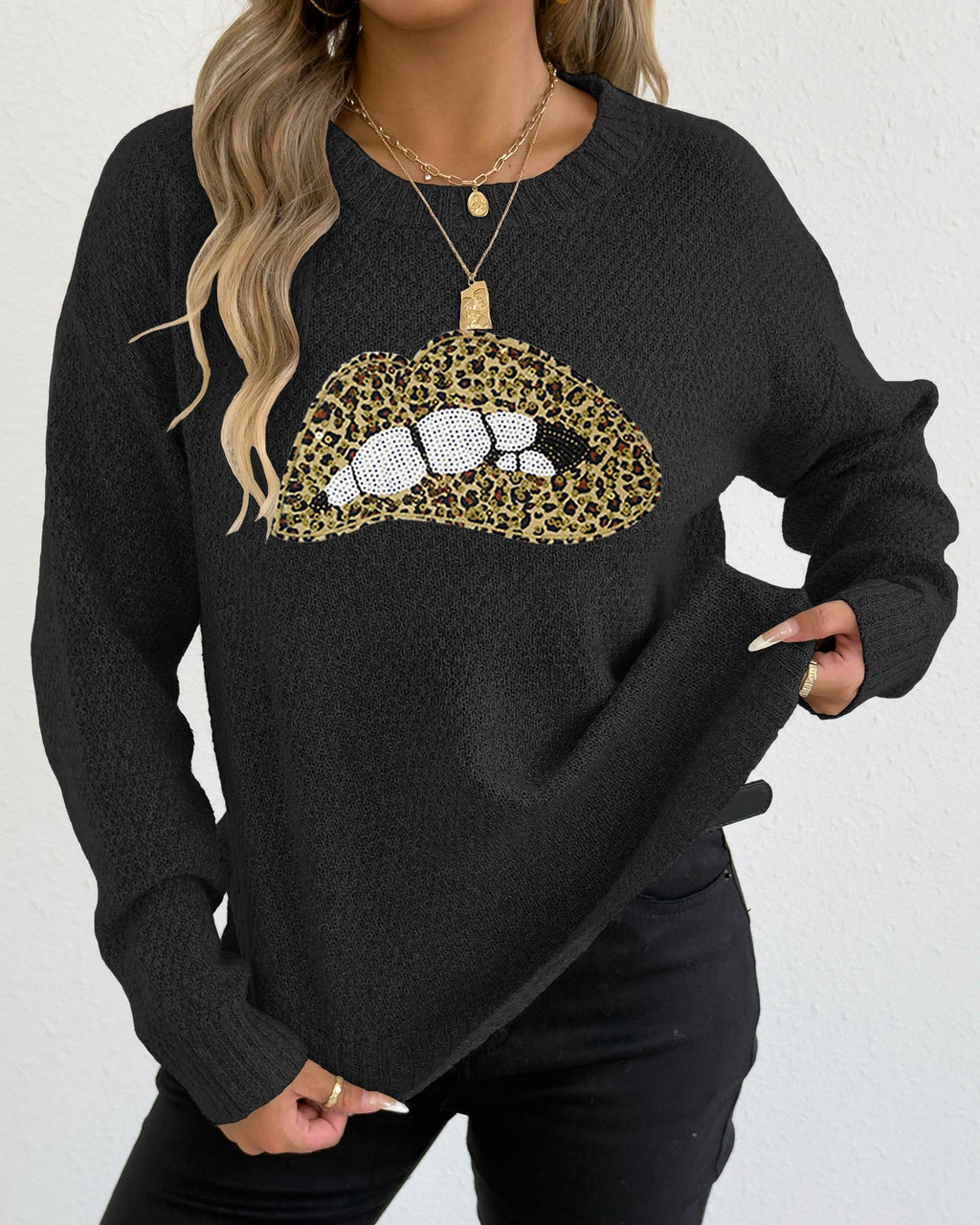 Leopard Lip Graphic Crew Neck Sweater - Black