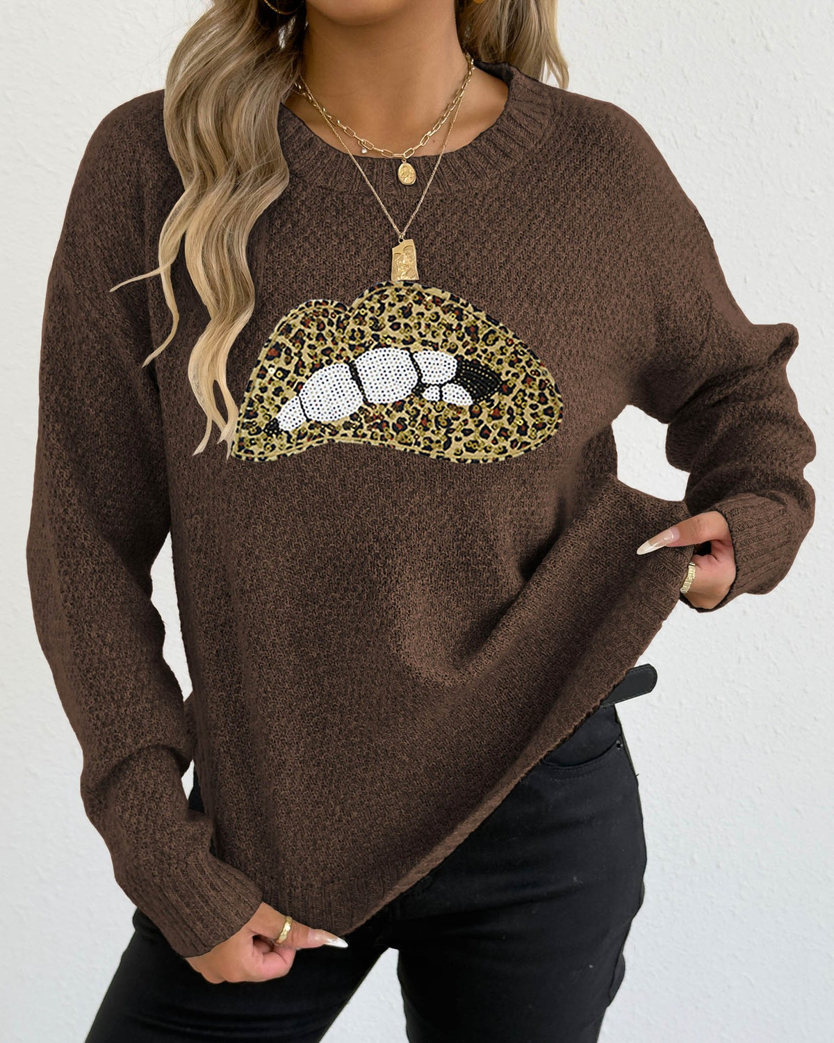 Leopard Lip Graphic Crew Neck Sweater - Coffee