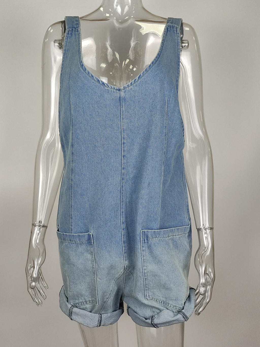 Rolled Hem Denim Bib Overall Romper - Blue