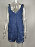 Rolled Hem Denim Bib Overall Romper - DarkBlue