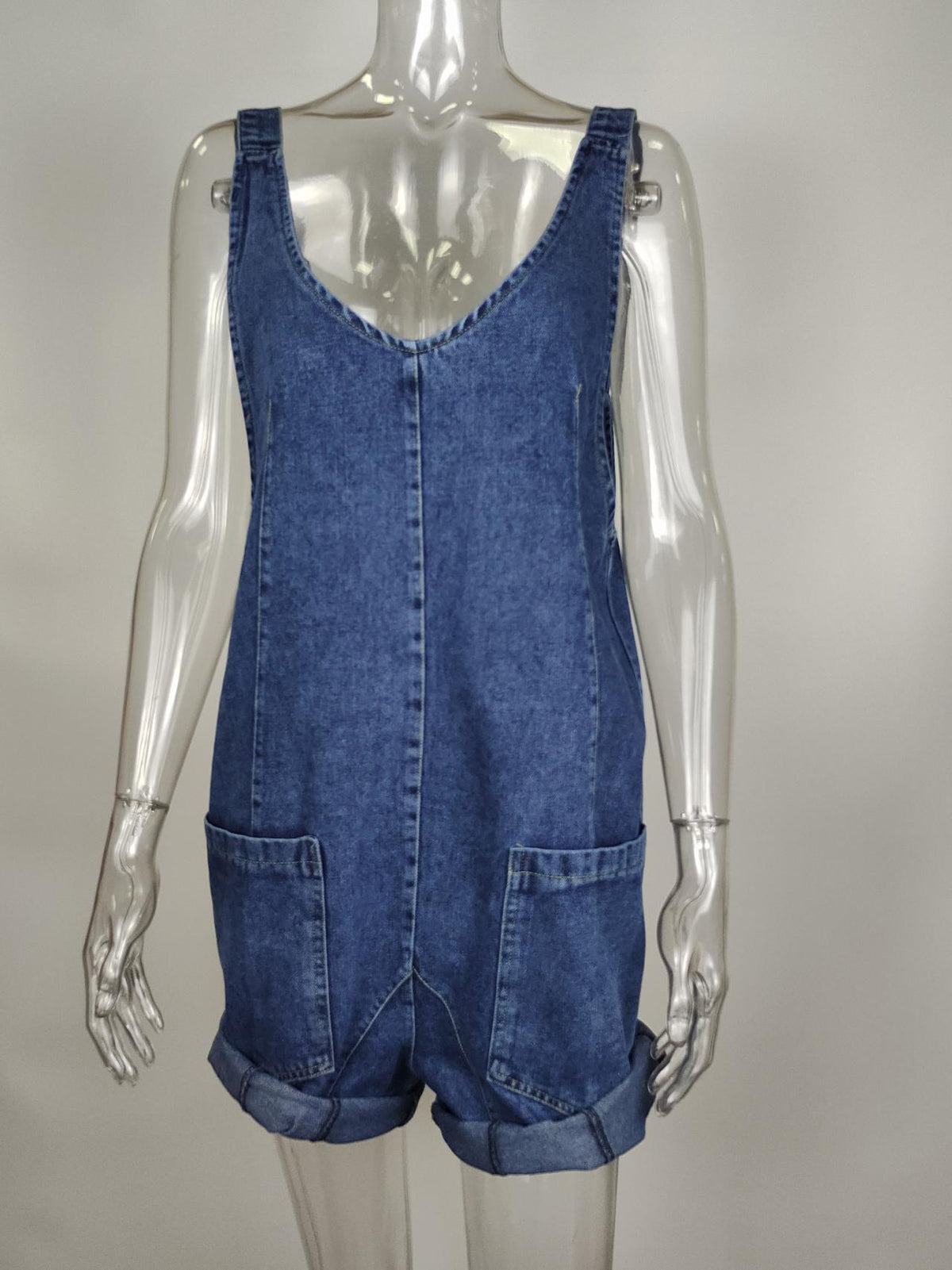 Rolled Hem Denim Bib Overall Romper - DarkBlue