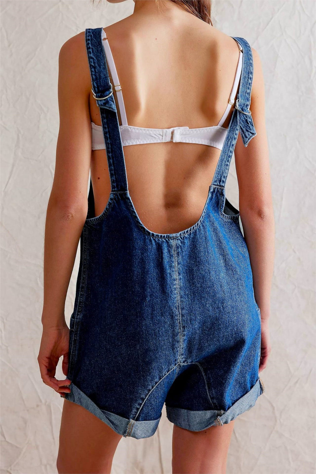 Rolled Hem Denim Bib Overall Romper - DarkBlue - 2