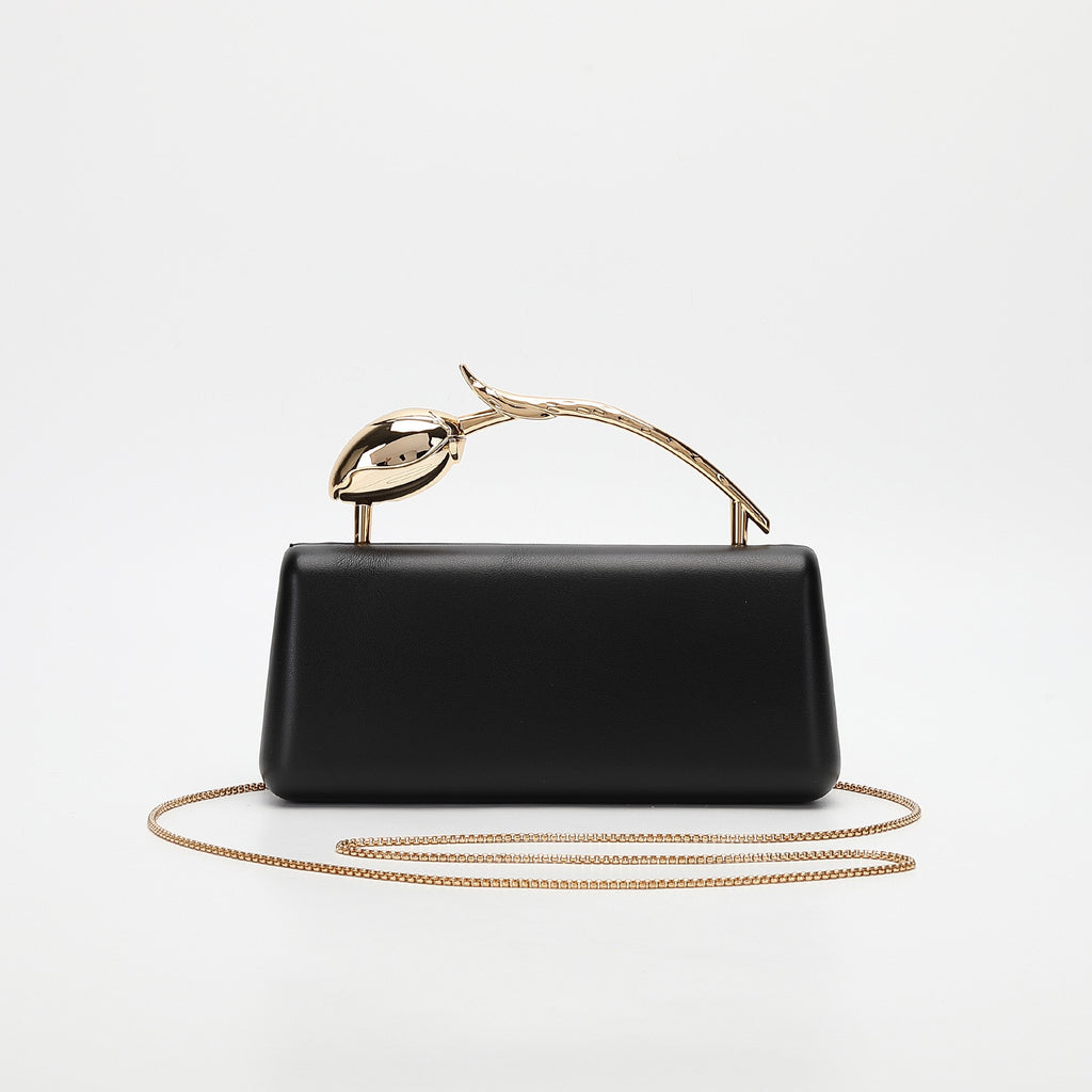 Tulip Handle Box Clutch with Chain Strap - Black