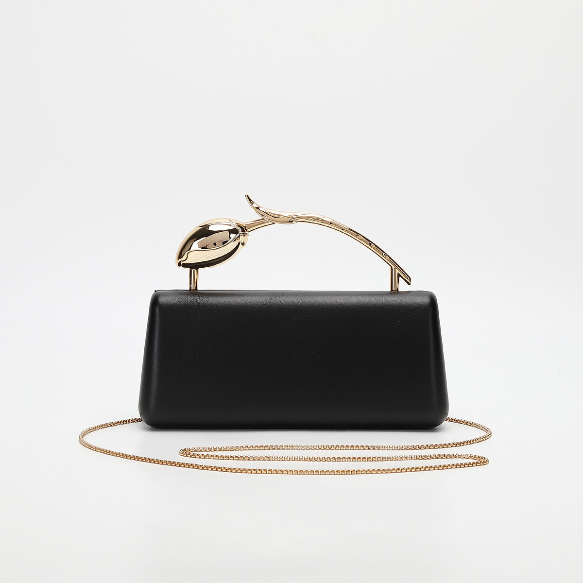 Tulip Handle Box Clutch with Chain Strap - Black