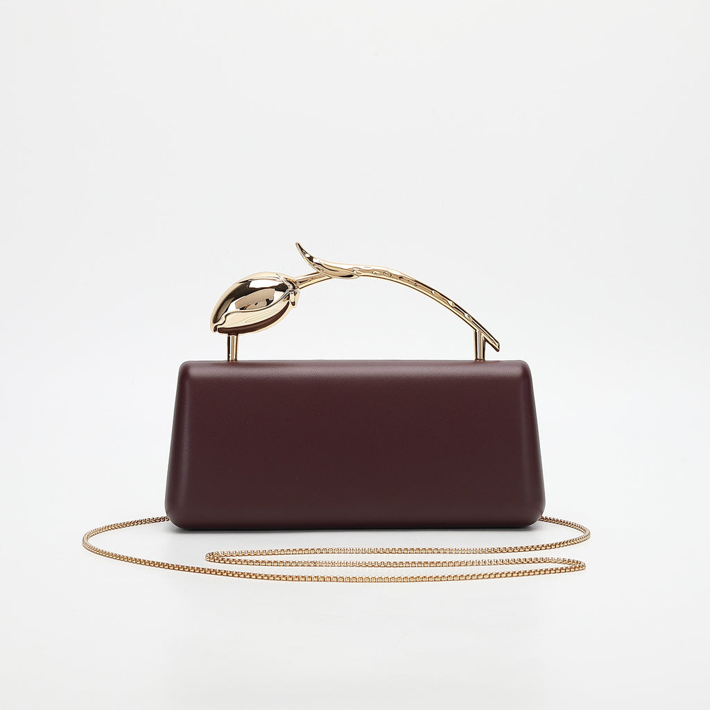 Tulip Handle Box Clutch with Chain Strap - Burgundy