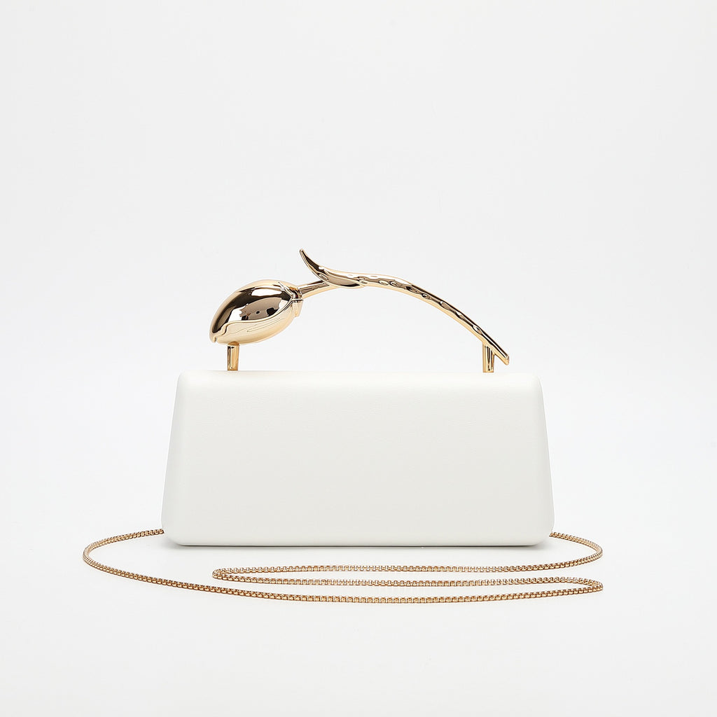 Tulip Handle Box Clutch with Chain Strap - White