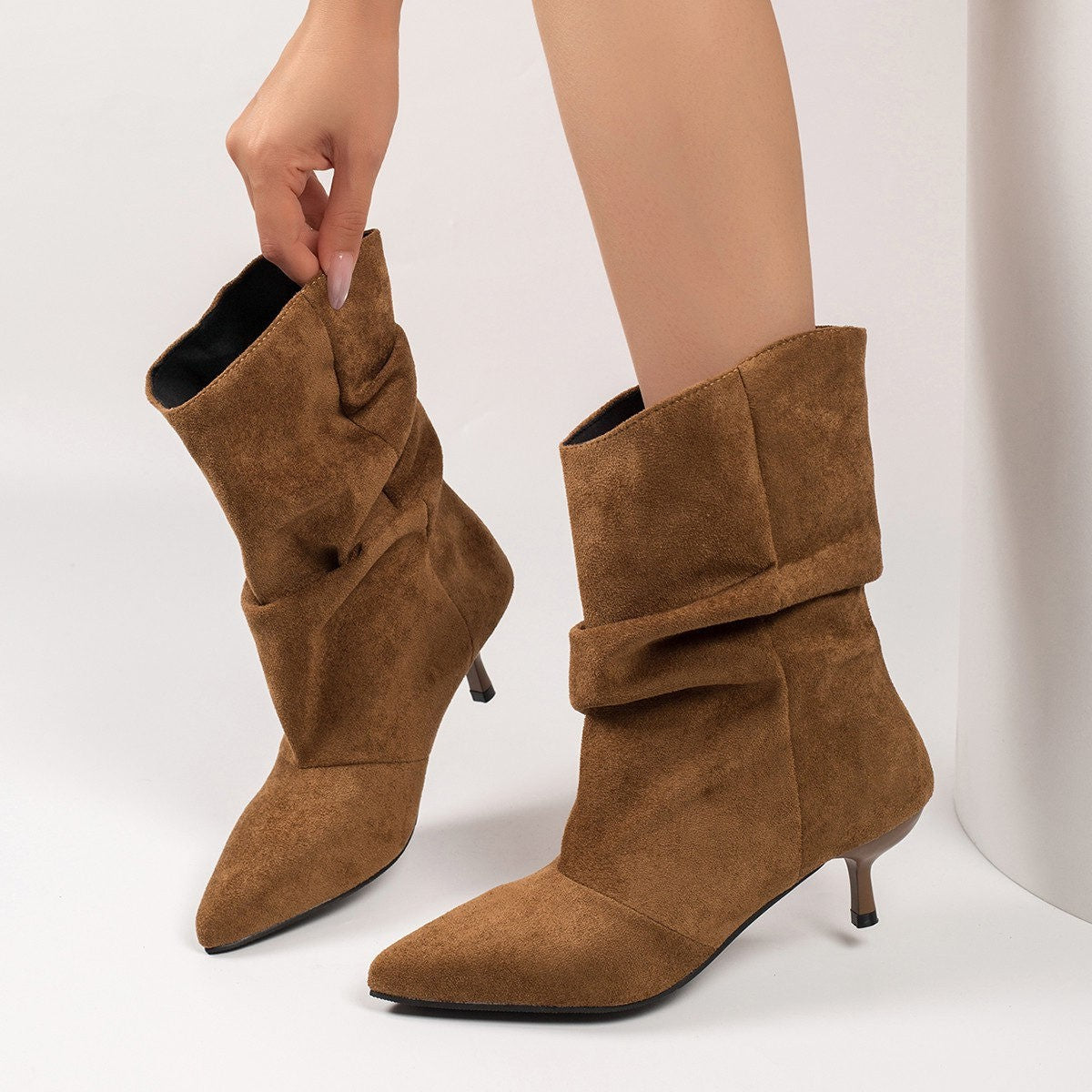 Slouchy Faux Suede Pointed Kitten Heel Boots