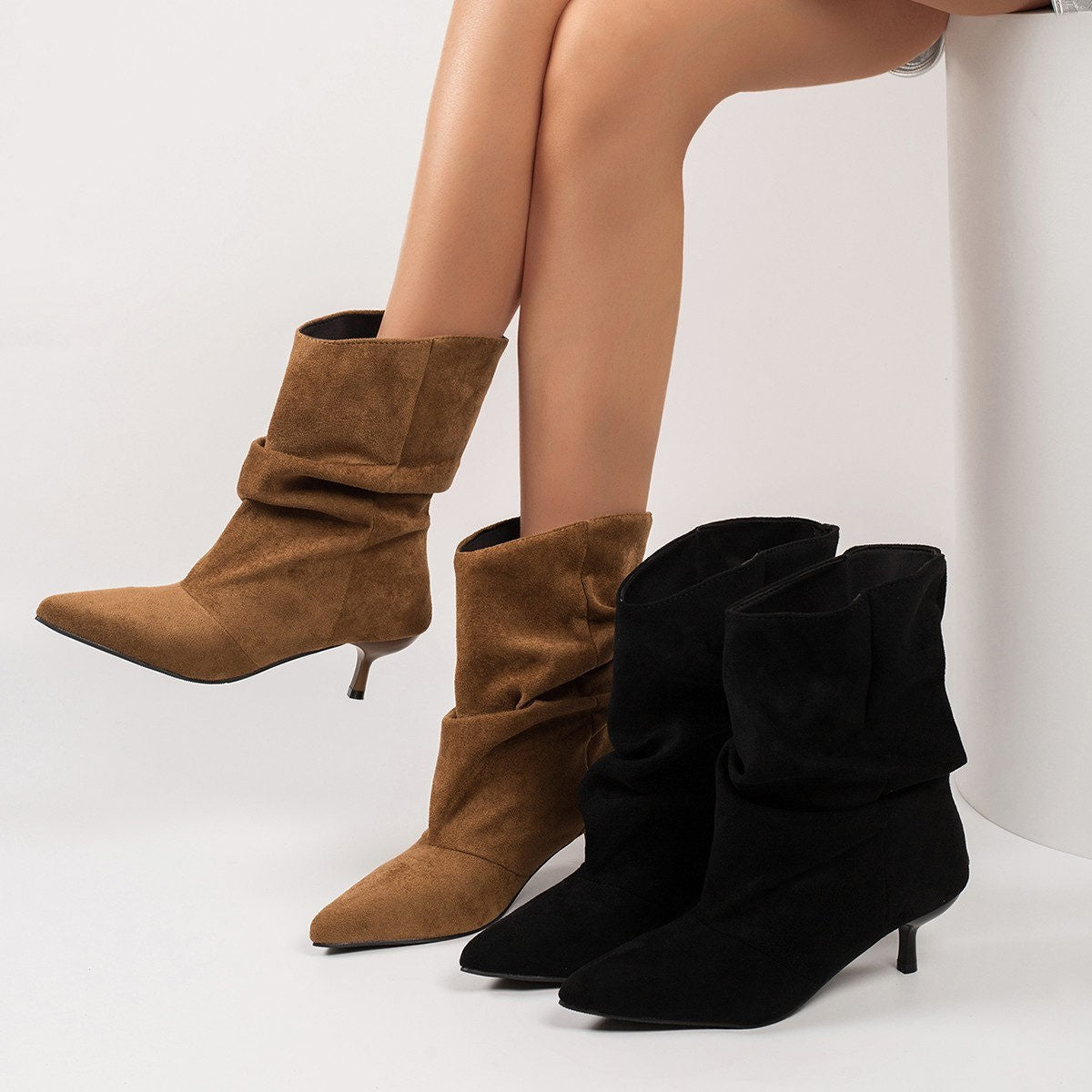 Slouchy Faux Suede Pointed Kitten Heel Boots