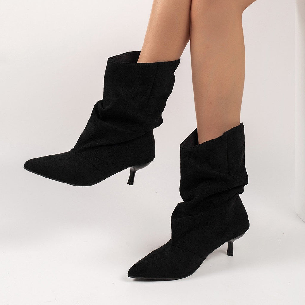Slouchy Faux Suede Pointed Kitten Heel Boots