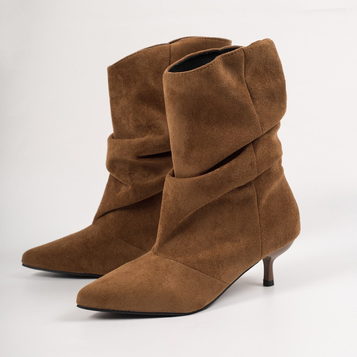 Slouchy Faux Suede Pointed Kitten Heel Boots