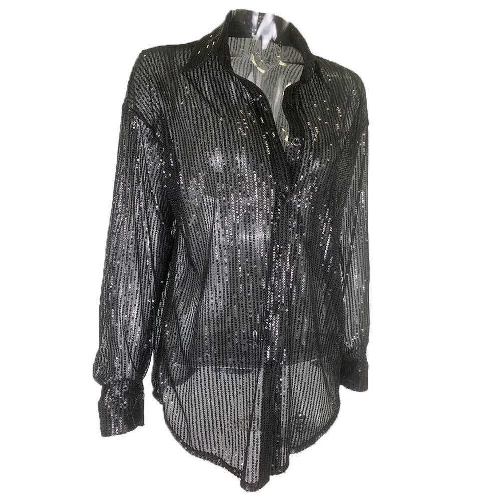 Sequin Sheer Oversized Button Down Shirt - Black
