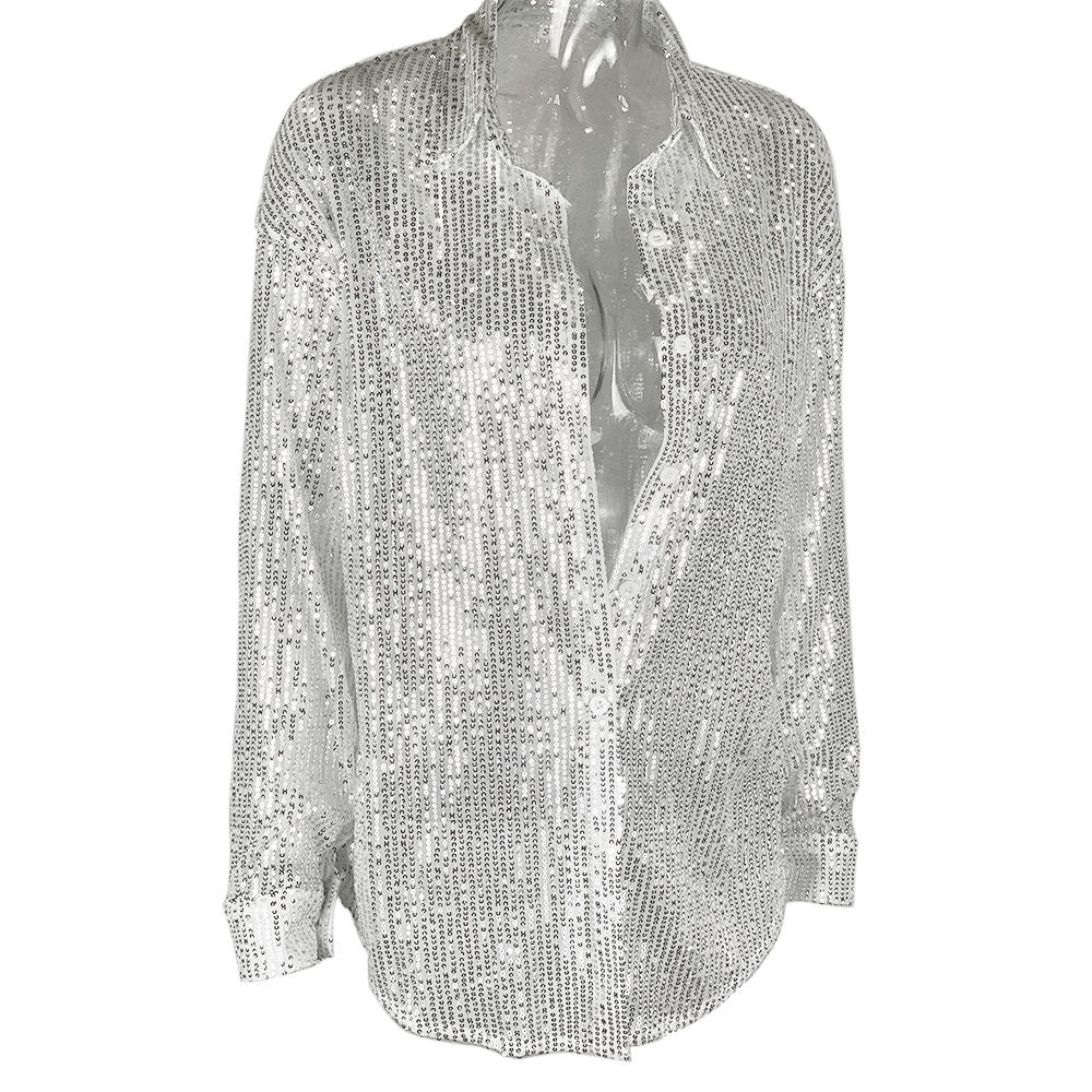 Sequin Sheer Oversized Button Down Shirt - Silver