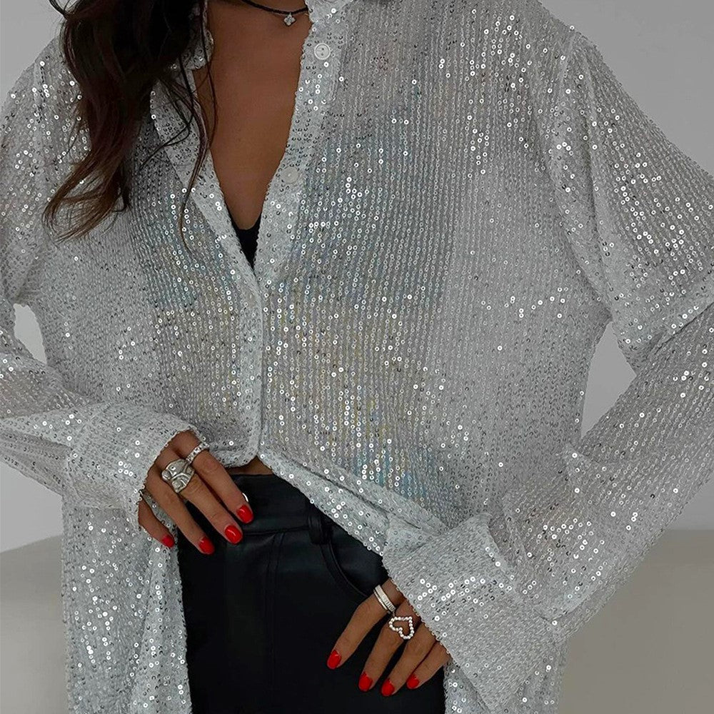 Sequin Sheer Oversized Button Down Shirt - Silver - 1
