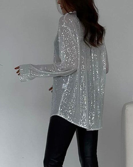Sequin Sheer Oversized Button Down Shirt - Silver - 3