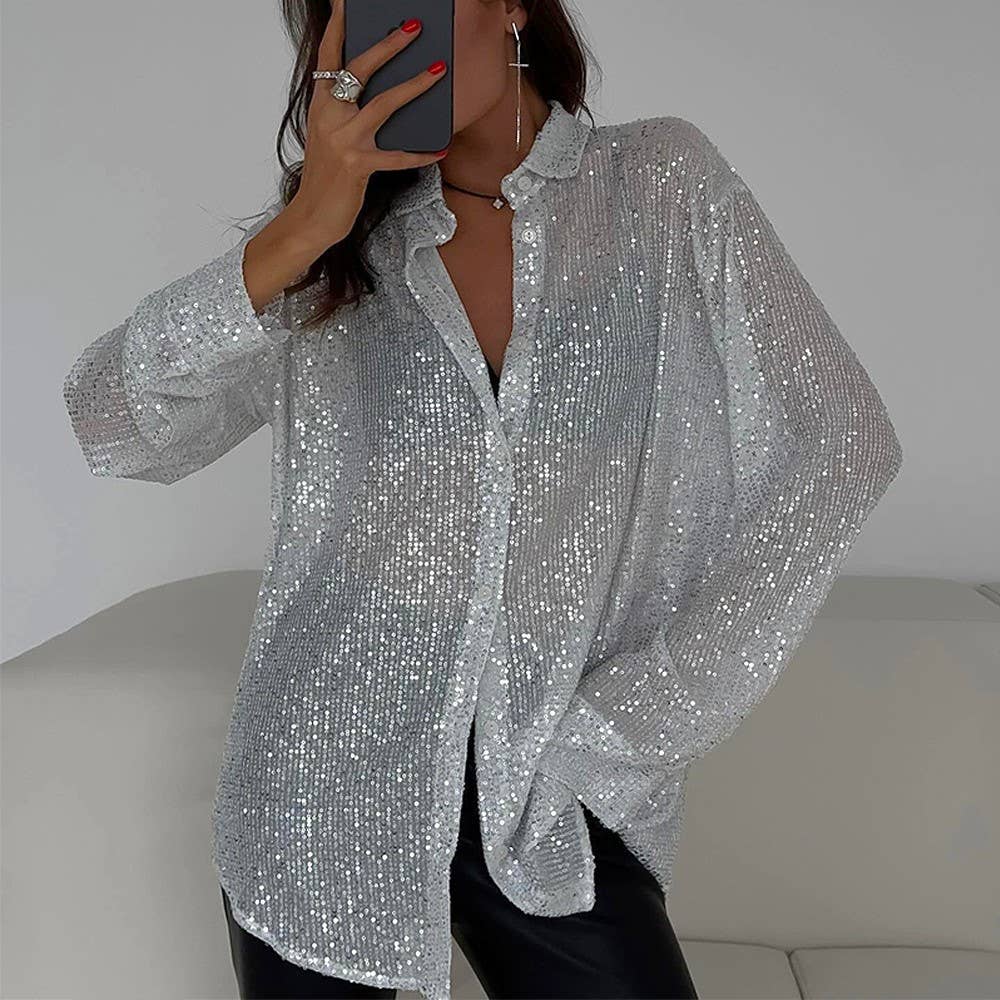 Sequin Sheer Oversized Button Down Shirt